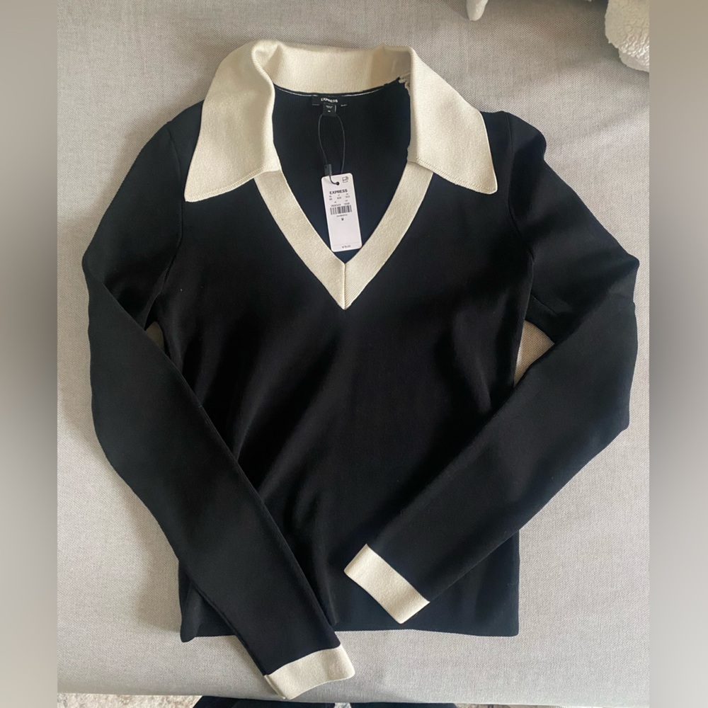 Express Black and White Collared Sweater Top